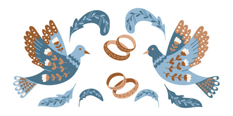 SFolk wedding composition with blue bird and golden ring in decorative style vector hand drawn illustration isolated on light background. Romantic ornament design expressing love union and marriage