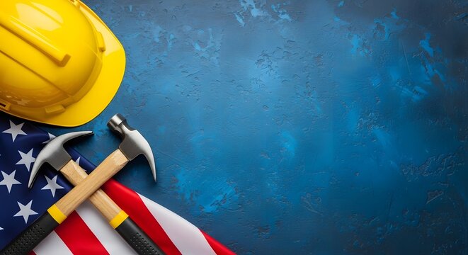 American construction tools and flag with hard hat on blue background for labor day or memorial day