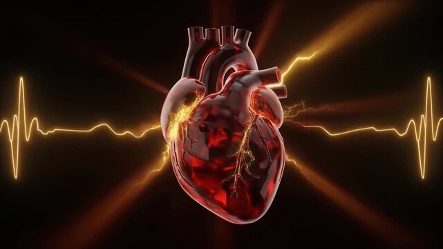 Pulsating Red Heart Glows with Heartbeat Line in Front-Facing Digital Illustration Against Black Background, Showcasing Anatomy and Vitality