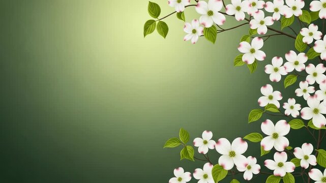 Green gradient background with blooming white flowers and leaves. Animated floral border design suitable for wedding invitation card.