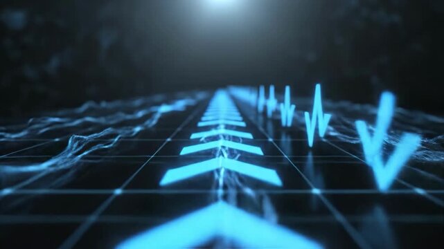 A glowing blue arrow points upward on a futuristic grid, symbolizing growth or progress in technology or business.