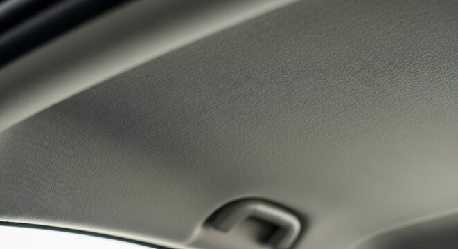 Closeup view of a cars interior roof showing the headliner and a handle.