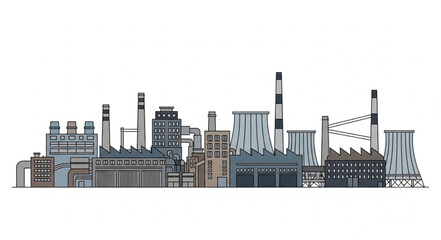 Industrial cityscape featuring factories and smokestacks against a white backdrop, representing urban development.