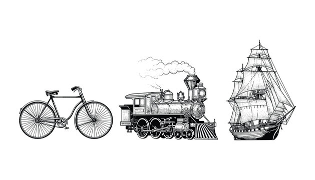 Vintage vector transport collection bicycle steam train and sailing ship illustrations