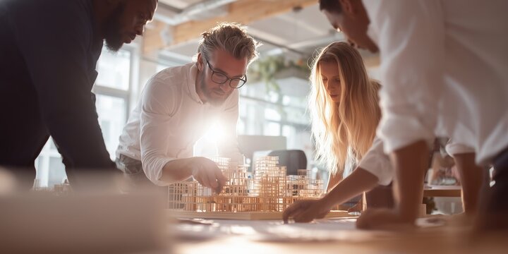 Group works on architectural model in office during daytime