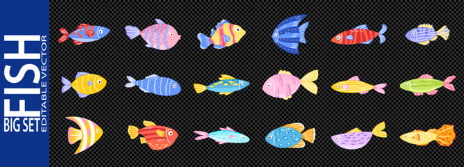 Fish kawaii swordfish and cute children underwater with aquarium reef sea. Clipart eel hook and puffer squid vector with animal fauna illustration. Ocean fish chest and childlike cute starfish © alia.kurianova