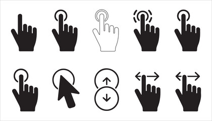 Fototapeta premium Set of black hand cursor and touch screen finger gestures isolated icons for interface navigation