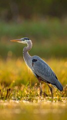 Fototapeta premium Heron stands in grass, illuminated by golden light, a majestic avian in a tranquil nature scene