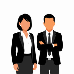 Fototapeta premium Professional man and woman in business suits, standing side by side, representing corporate roles.