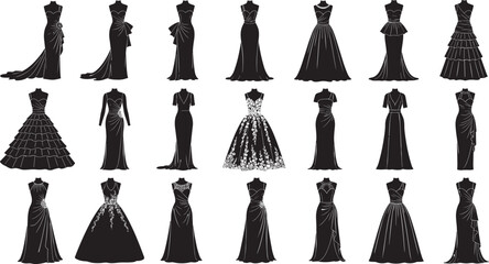 Black and white vector silhouettes of elegant formal evening gowns, glamorous wedding dresses, luxury prom attire, and chic feminine party silhouettes. © TOP-designer