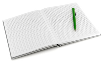 Open squared notebook with green pen on white background