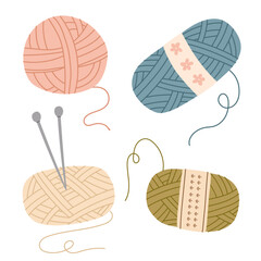 Set of yarn balls with knitting needles in cozy colors. Handcraft illustration for DIY projects, handmade branding, packaging and seasonal decor. Hand drawn vector illustration.