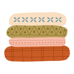 Stack of folded autumn blankets with cozy patterns. Warm seasonal home decor illustration for interior design, packaging, print and fall themed projects. Hand drawn vector illustration.
