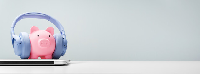 Piggy bank with headphones on laptop, podcast and fintech concept