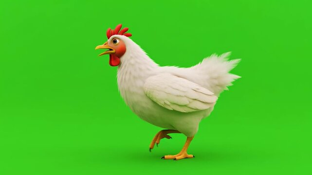 Animated 3D White Chicken Walking on a Bright Green Screen Background.