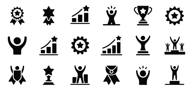 Blue and white icons representing success, achievement and winning concepts featuring trophies, stars and people symbols, modern flat vector collection for business goals, motivation and award themes.