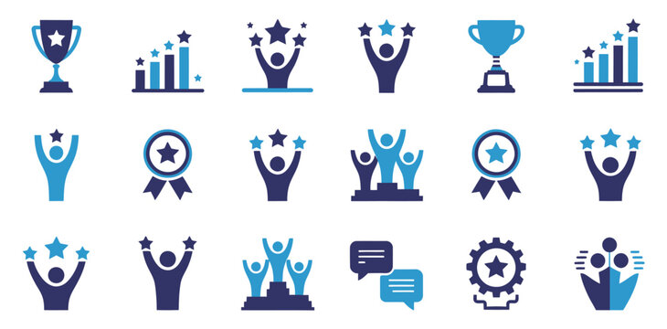 Blue and white winning and achievement icons collection showing trophies, stars and people celebrating success, professional accomplishment and goal completion themes, modern flat style vector graphic
