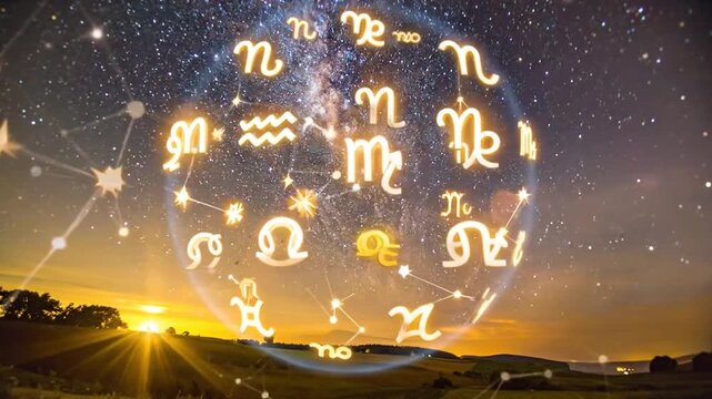 Glowing zodiac signs against a starry night sky, representing astrology and celestial concepts.