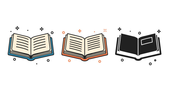 A set of three open books in colorful flat vector style, suitable for educational materials and branding