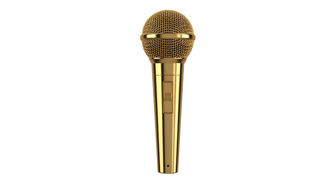 Golden microphone with reflective surface on black background