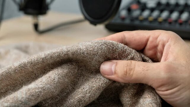 Focused view of fabric being gently rustled by fingers capturing fine textile fibers and hands with a softly blurred microphone and mixing desk behind.