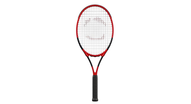 Red and black tennis racket with black grip isolated on black background