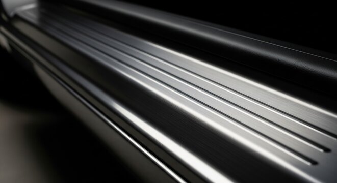 Closeup view of a sleek metallic surface with parallel lines and subtle reflections.