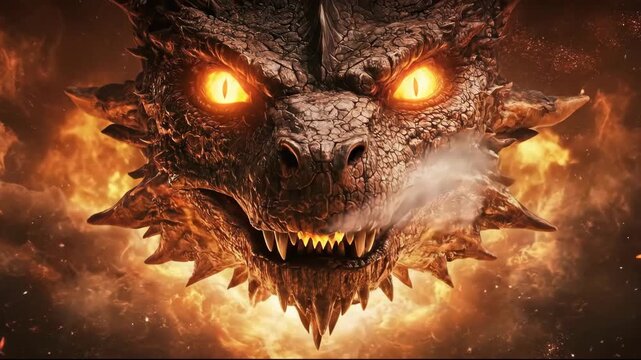 A majestic dragon's head emerging from fiery flames.