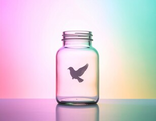 Empty Glass Jar Casting Bird Shadow on Pastel Background