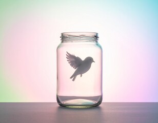 Conceptual Still Life of Glass Jar with Bird Shadow Illusion