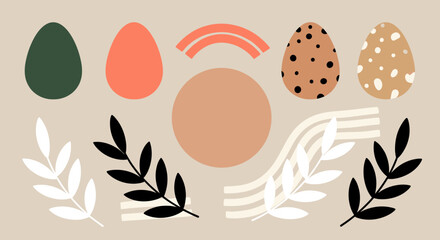 A collection of abstract shapes including leaves and eggs in flat modern vector style, suitable for artistic projects and branding