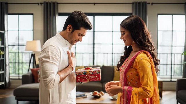 Indian Couple Exchanges Festive Gift in Living Room