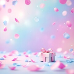 white gift box with pink ribbon and falling petals