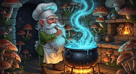 cartoon chef stirring bubbling cauldron in mushroom cave