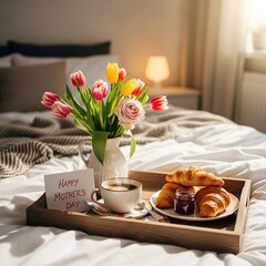 Mothers Day breakfast in bed with flowers and croissants