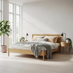 modern minimalist bedroom with wooden bed and plants