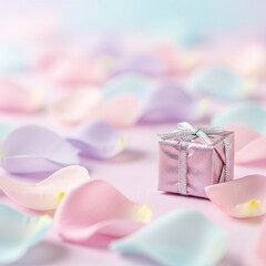 Small pink gift box with silver ribbon surrounded by rose petals