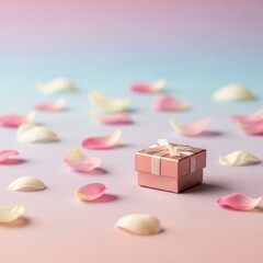 small pink gift box with white ribbon and rose petals
