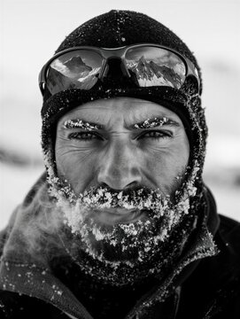A rugged man wearing winter gear with frost covering his beard and eyebrows. The cold atmosphere and intense expression convey the harshness of winter conditions.
