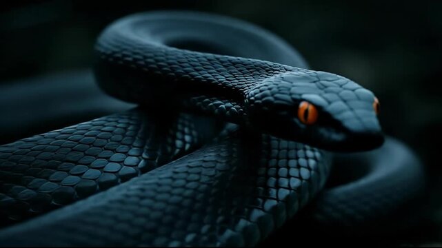 A close-up of a sleek black snake with striking orange eyes.