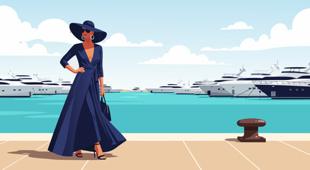 Elegant vector illustration of a fashionable woman in a blue dress and hat posing by a yacht harbor