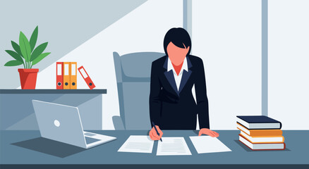 Business woman at desk signing document, laptop on table, vector illustration of office work