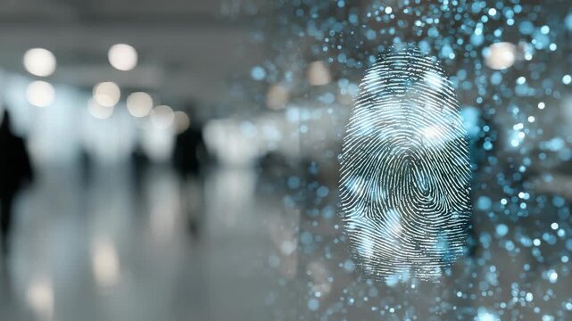 Digital fingerprint scanning technology concept with biometric authentication in a modern office environment. Futuristic security solutions highlight innovation in personal identification systems
