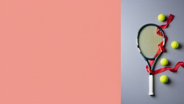 Tennis racket placed on a gray surface with yellow tennis balls and a red ribbon. Sports and celebration concept.