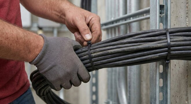 Close-up of an electrician's hands securing a thick bundle of black electrical cables with a zip tie to a metal strut channel in an industrial setting