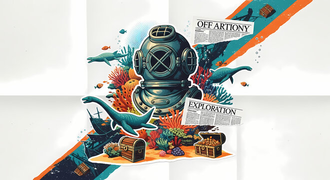 Retro underwater adventure collage with deep-sea diver helmet prehistoric marine reptiles and sunken treasures in vintage halftone mixed media style for poster and educational graphic design