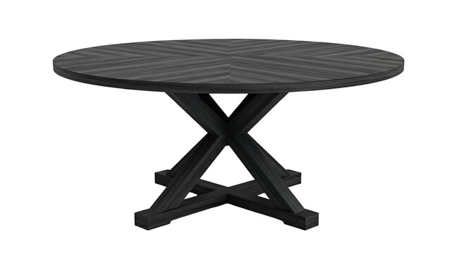 Round wooden table with crossed trestle base on black background