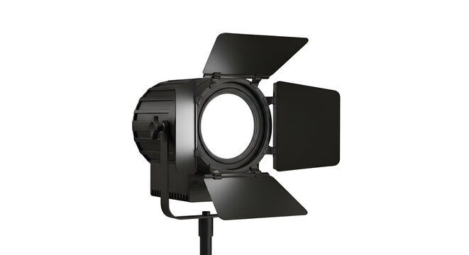 Studio lighting fresnel with barn doors emitting bright white light