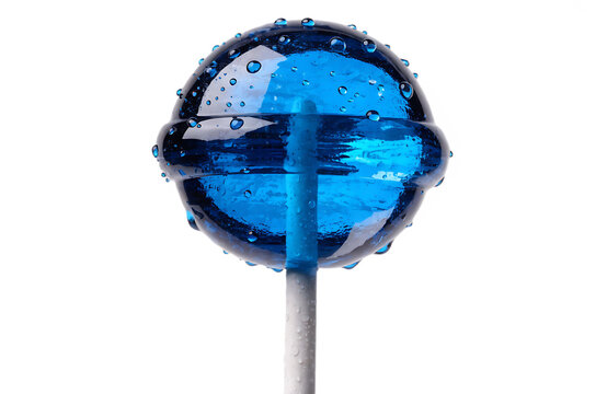 Blue round lollipop mockup with water droplets. Realistic translucent berry flavored candy on a stick with condensation for sweet confectionery branding and food design. Isolated on white background