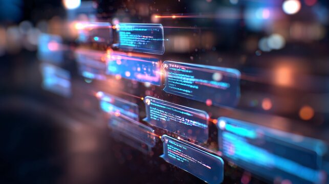 Digital chat messages display on a screen at night in a busy environment